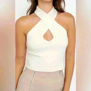White front twist key hole knit top